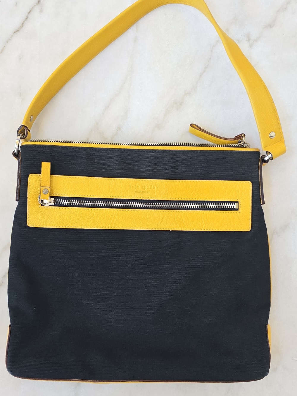Kate Spade New York Black Canvas Yellow Leather Trim Messenger Crossbody. - Picture 6 of 11